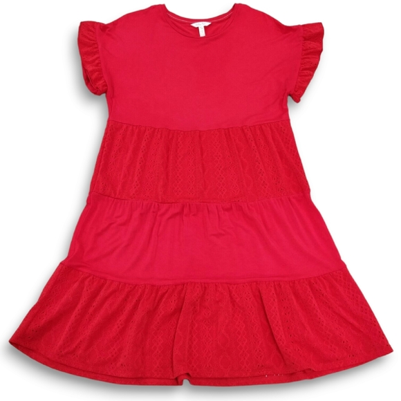 MATILDA JANE Enchanted Garden Dress Tiered Knit & Eyelet Red Oversized Small - Picture 1 of 13